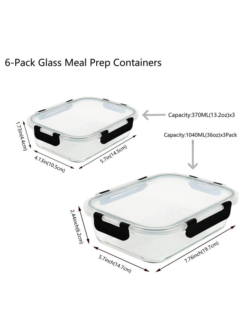 6-Pack Glass Food Storage Containers( 3-Pack36 oz and 3-Pack13.2 oz)with Lids, Lunch Containers  Portion Control, Airtight&microwave oven safe Glass Bento Box