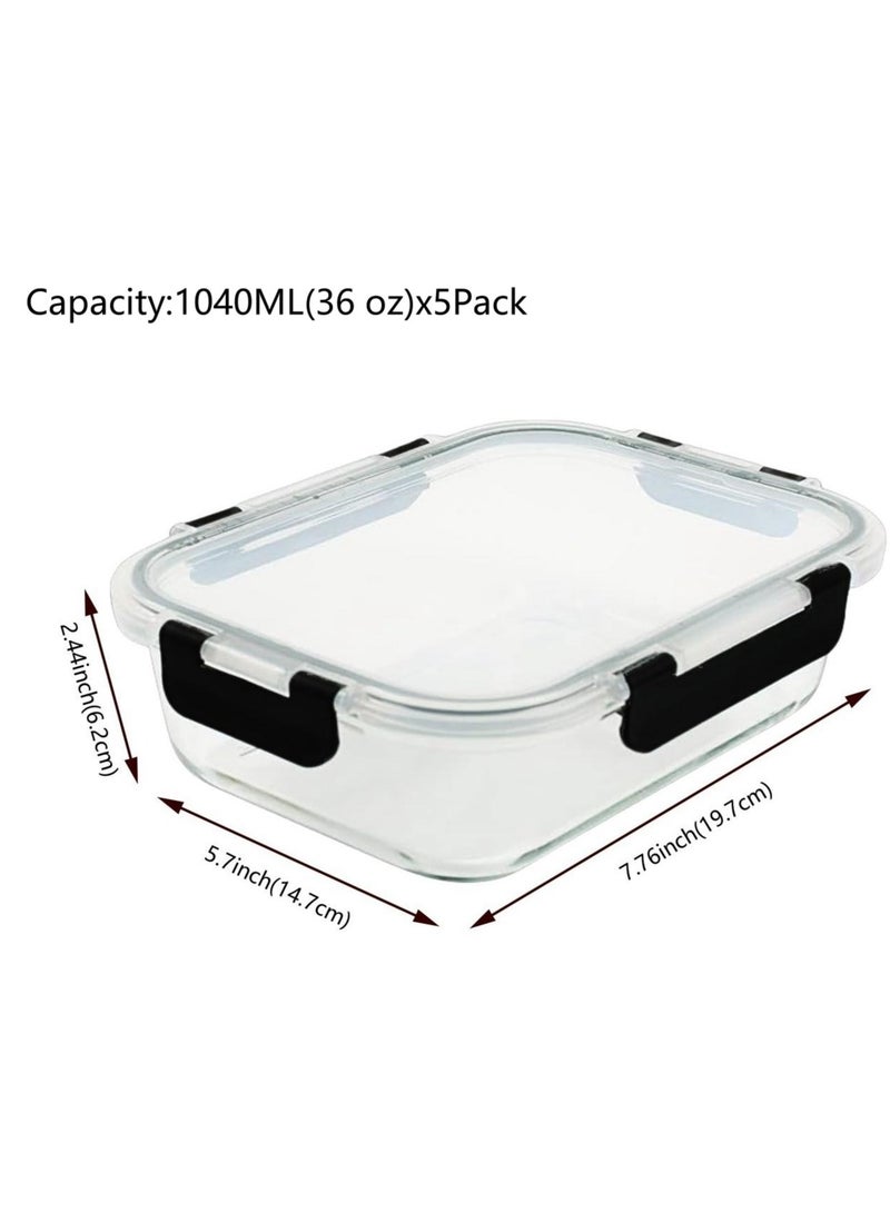 5 Pack 36oz Meal Prep Containers with Lids Glass Food Prep Storage Containers   Airtight Lunch Bento Box Lunchbox for Microwave Ovens Dishwasher Freezer (5-Pack)