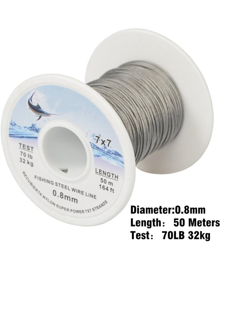 Durable 50m 70LB 0.8mm Stainless Steel Fishing Leader Wire 7x7 Structure for Jigging and Trace Fishing