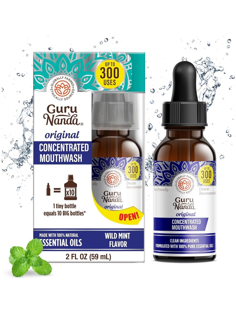 GuruNanda Concentrated Mouthwash (2 fl oz), Fluoride-Free, Mint Mouthwash with Natural Essential Oils, Supports 300 Rinses, Aids in Fresh Breath