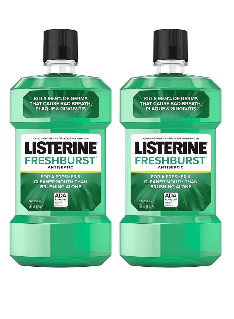 Listerine Freshburst Antiseptic Mouthwash with Germ-Killing Oral Care Formula to Fight Bad Breath, Plaque and Gingivitis, 500 mL (Pack of 2)