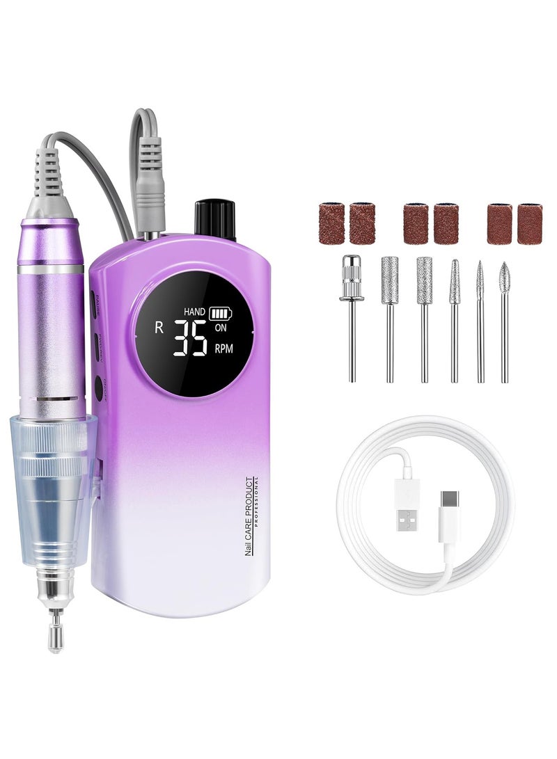Professional Nail Drill 35000 RPM Electric Rechargeable Acrylic Gel Grinder Tool with 6 Metal Nail Drill Bits Acrylic Gel Nail DIY Manicure Pedicure Tools for Manicure Pedicure Carve Polish