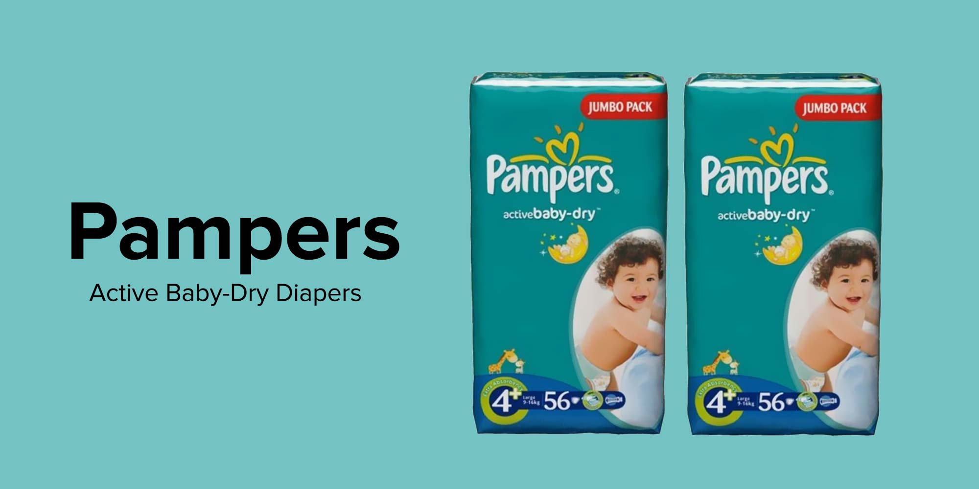 Pack of 2 Active Baby-Dry Diapers, Size 4 Plus (9-16 Kg), Double Jumbo Pack, 2x56 Count