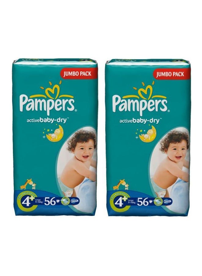 Pack of 2 Active Baby-Dry Diapers, Size 4 Plus (9-16 Kg), Double Jumbo Pack, 2x56 Count