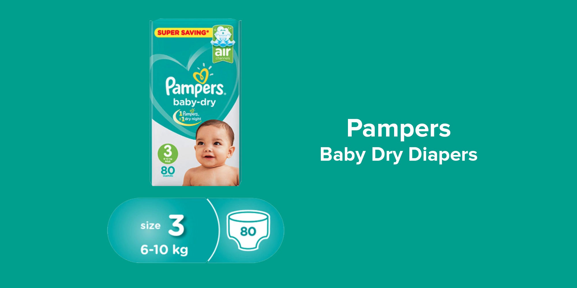 Baby Dry Diapers Size 3, Midi, 6-10 Kg (80 Diapers)