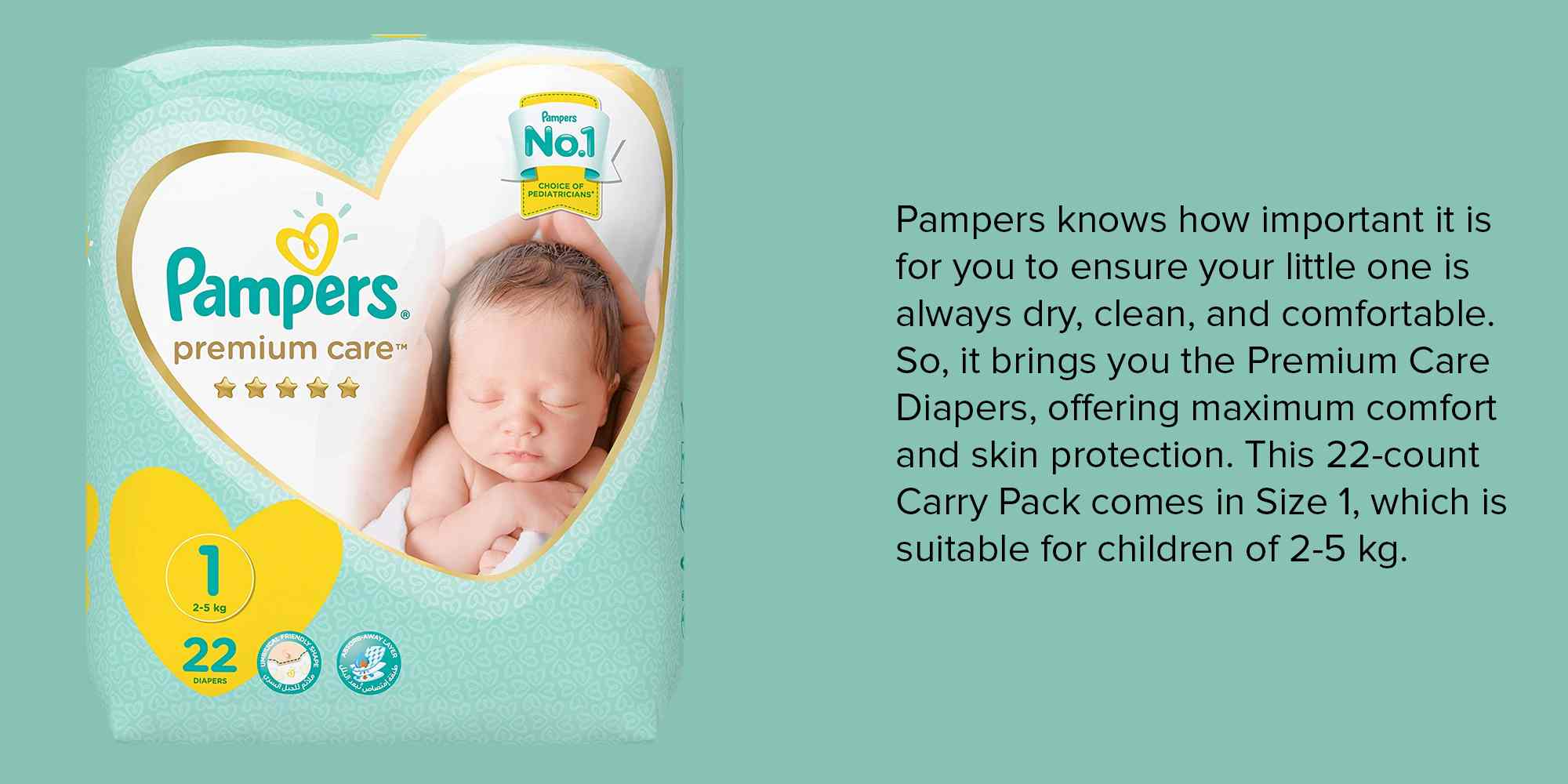 Premium Care Diapers, Size 1, 2-5 Kg, Carry Pack, 22 Count