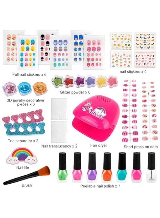 Kids Nail Polish Set with Nail Dryer, 35PCS Kids Nail Polish Play Set with Storage Bag, Peelable Glitter Nail Polish, Nail Studio Decoration Birthday  Gift for Girls Ages 6-12 (C)