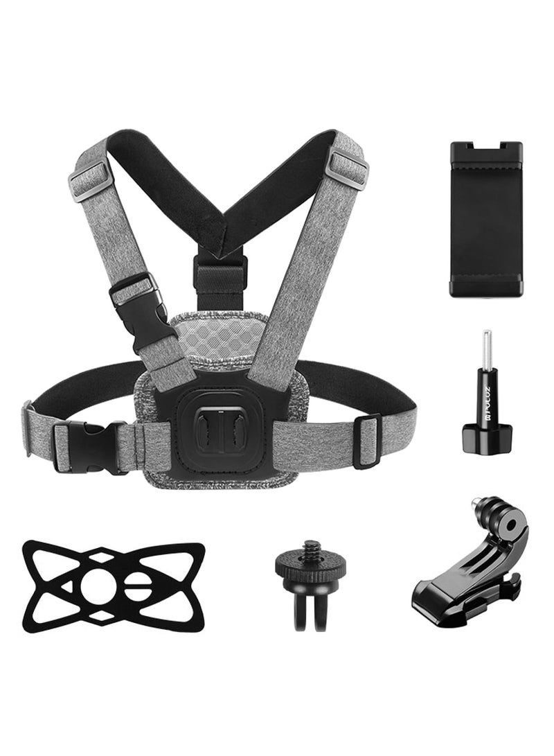 Adjustable Chest Strap with J Hook Mount Long Screw and Phone Clamp for Adventure Photography