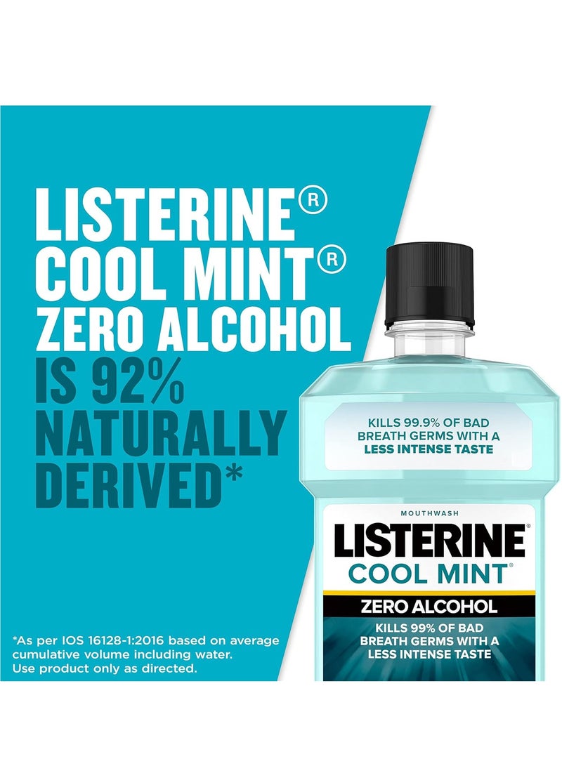 Listerine Zero Alcohol Mouthwash, Alcohol-Free Oral Rinse to Kill 99% of Germs That Cause Bad Breath for Fresh Breath & Clean Mouth, Less Intense Taste, Cool Mint Flavor, 1 L