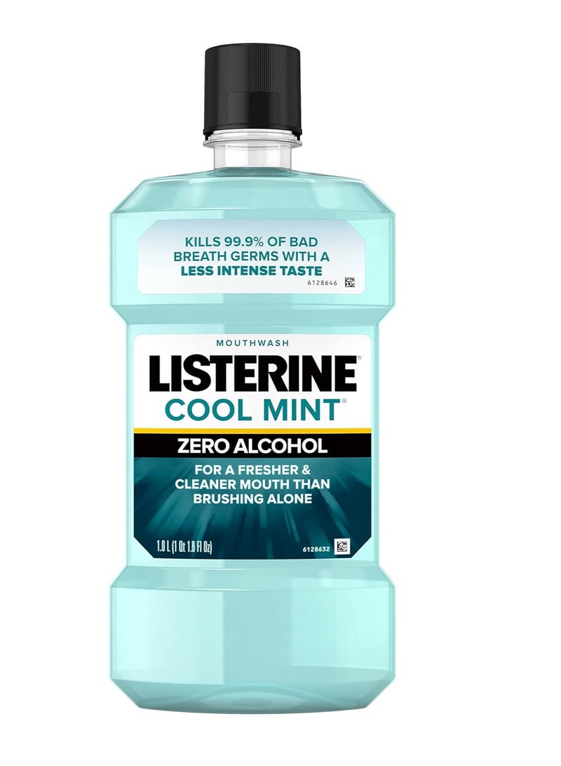 Listerine Zero Alcohol Mouthwash, Alcohol-Free Oral Rinse to Kill 99% of Germs That Cause Bad Breath for Fresh Breath & Clean Mouth, Less Intense Taste, Cool Mint Flavor, 1 L