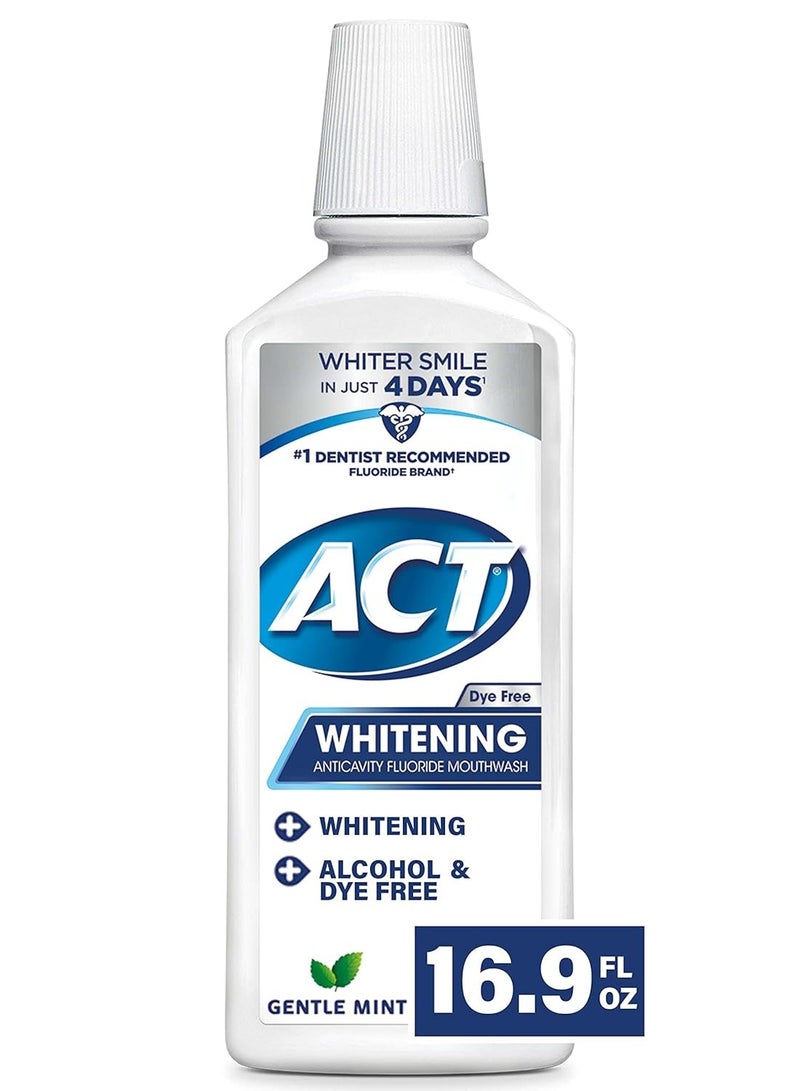 ACT Whitening + Anticavity Fluoride Mouthwash 16.9 fl. oz. With Zero Alcohol, Dye Free, Gentle Mint