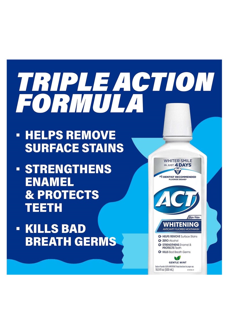 ACT Whitening + Anticavity Fluoride Mouthwash 16.9 fl. oz. With Zero Alcohol, Dye Free, Gentle Mint