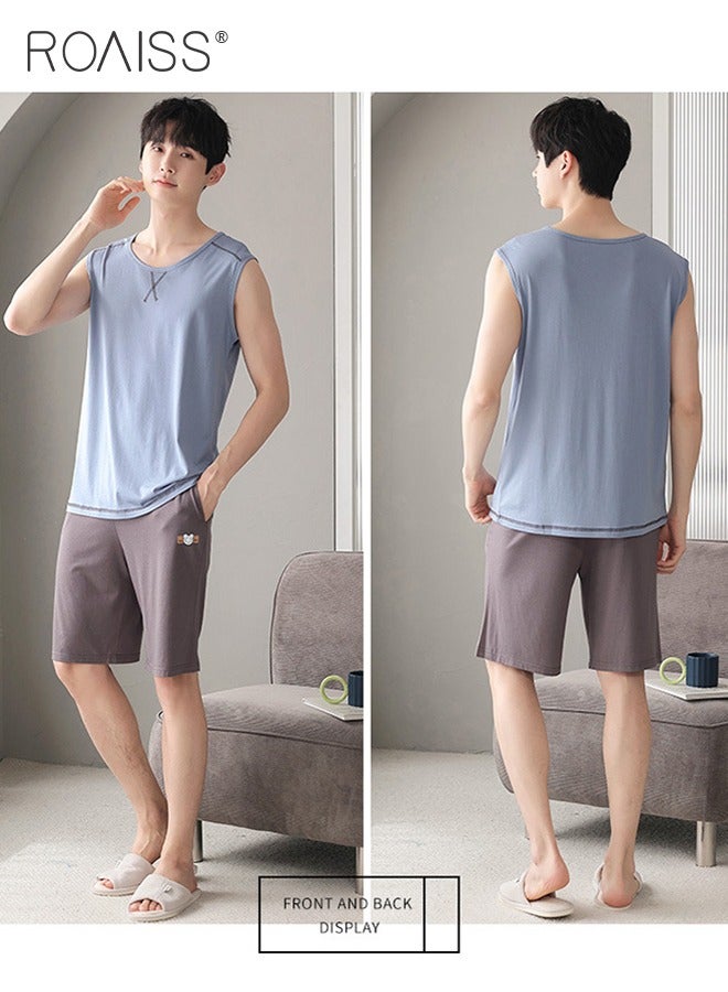 2Pcs Modal Pajamas Set for Men Summer Sleeveless Thin Tops Vest and Loose Elastic Strap Design Shorts Mens Skin-Friendly Comfortable Breathable Loungewear H Type Round Neck Pyjama Suit