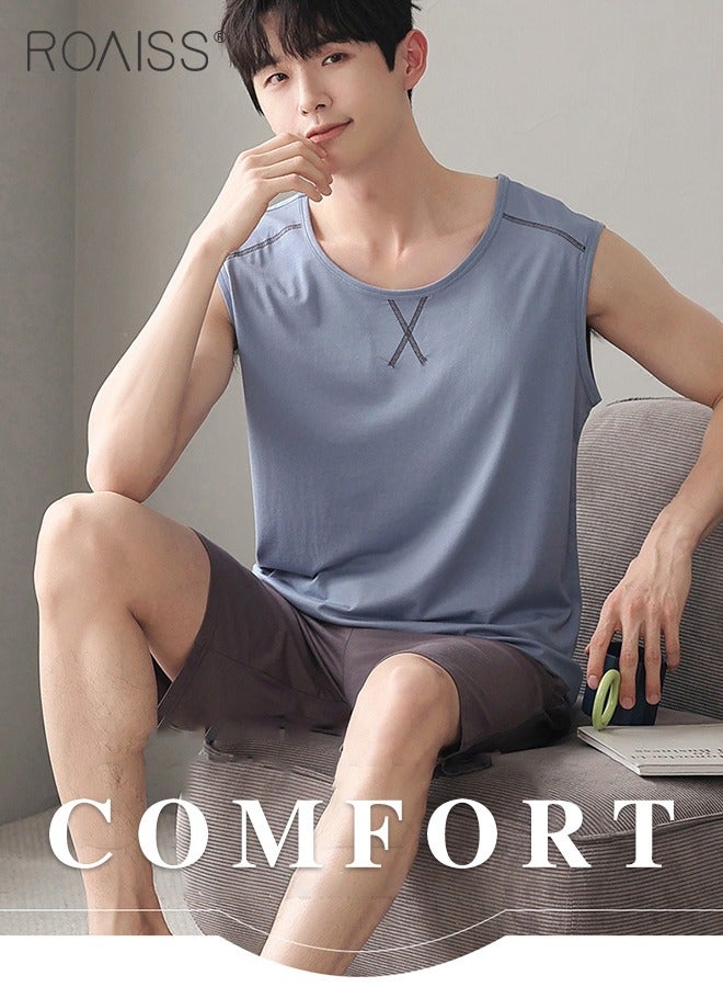 2Pcs Modal Pajamas Set for Men Summer Sleeveless Thin Tops Vest and Loose Elastic Strap Design Shorts Mens Skin-Friendly Comfortable Breathable Loungewear H Type Round Neck Pyjama Suit