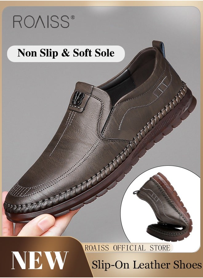 Casual Slip-On Flat Shoes for Men Round Toe Low Top Stitch Decor Soft Sole Business Leather Shoes Mens Wear Resistant Anti Slip Breathable Comfort Outdoor Walking Shoes