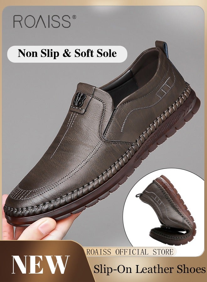 Casual Slip-On Flat Shoes for Men Round Toe Low Top Stitch Decor Soft Sole Business Leather Shoes Mens Wear Resistant Anti Slip Breathable Comfort Outdoor Walking Shoes