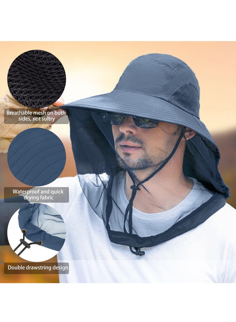 Mosquito Net Hat for Outdoor Activities, Sun Protection Fishing Hat with Mesh Netting, UPF 50+ for Hiking and Gardening, Unisex Design in Navy Blue