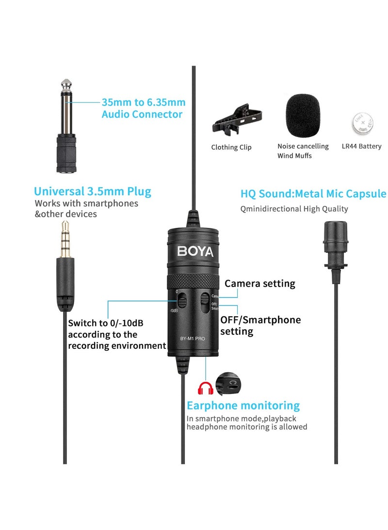 BOYA by-M1 Pro Professional Lavalier Microphone Omnidirectional Clip on Lapel Mic for DSLR Camera/Camcorders iPhone/iPad Android Smartphone PC Laptop