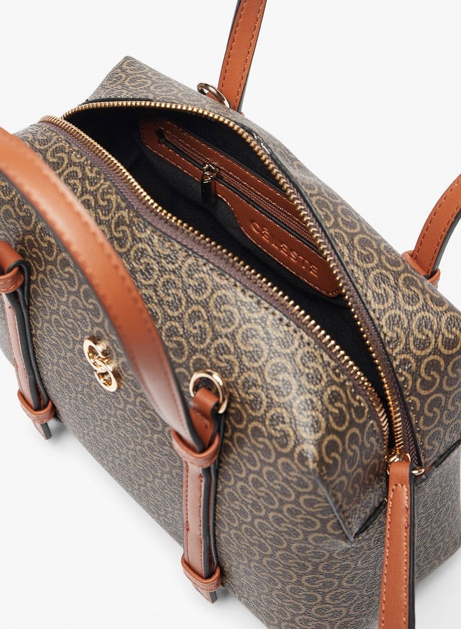 All-Over Monogram Print Bowler Bag with Detachable Strap and Zip Closure