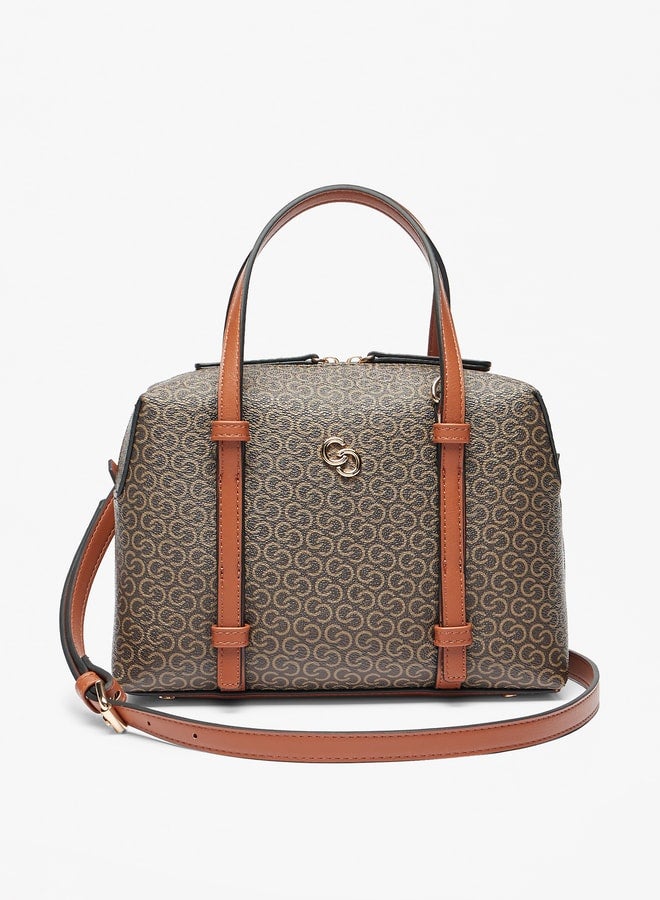 All-Over Monogram Print Bowler Bag with Detachable Strap and Zip Closure