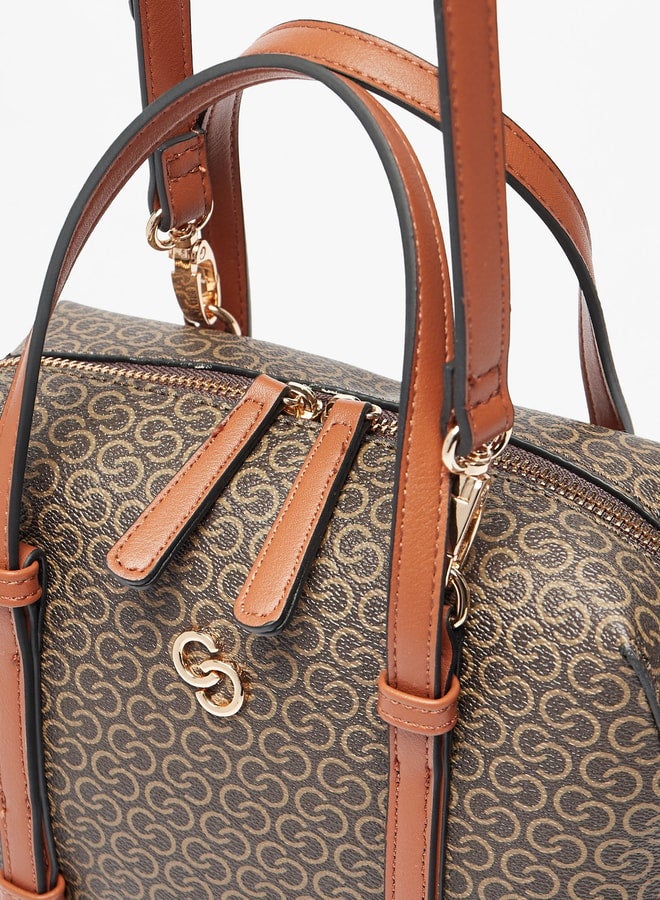 All-Over Monogram Print Bowler Bag with Detachable Strap and Zip Closure