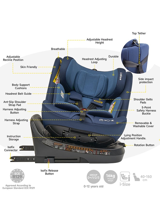 Rotating Ranger TT ISOFIX Car Seat 360° For Baby, 40-150 CM, 0 - 12 Years, ECE R129/E4 I-Size, Fixations ISOFIX, Top Tether - Blue