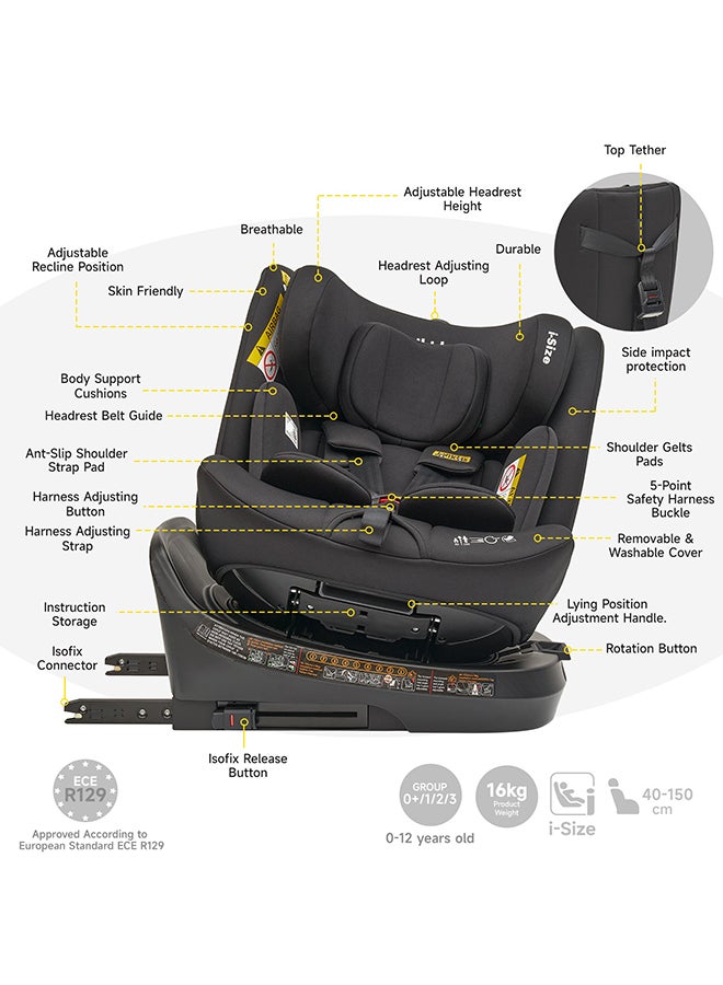 Rotating Ranger TT ISOFIX Car Seat 360° For Baby, 40 - 150 CM, 0- 12  Years, ECE R129/E4 I-size, Fixations ISOFIX, Top Tether - Black