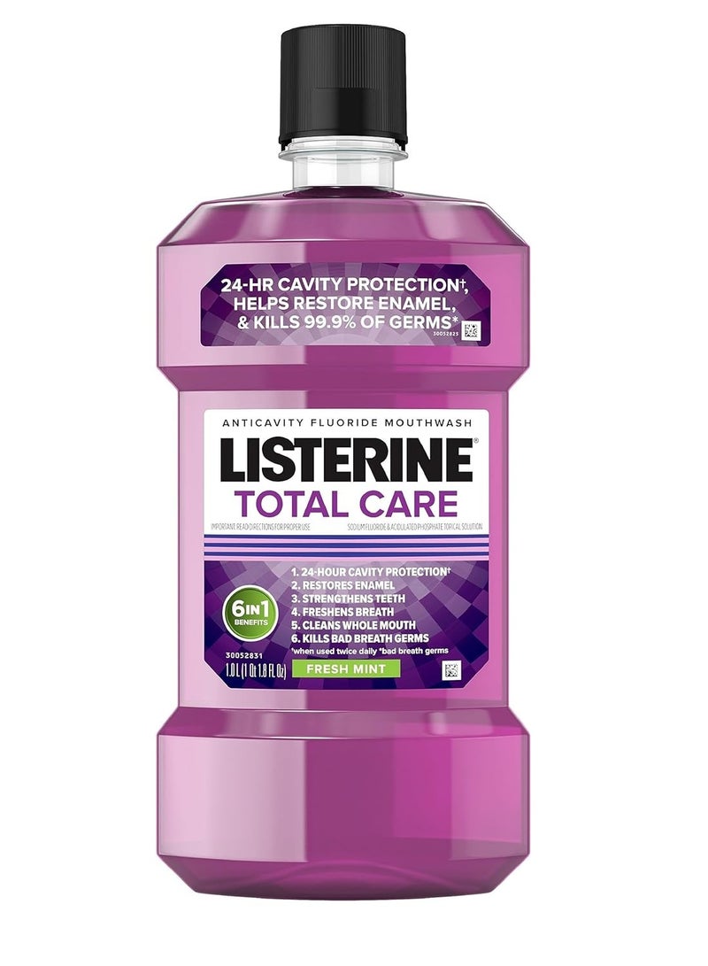 Listerine Total Care Anticavity Fluoride Mouthwash, Kills 99% of Germs That Cause Bad Breath, Helps Prevent Cavities and Strengthens Teeth; ADA Accepted Mouthwash, Fresh Mint, 1 L Bottle