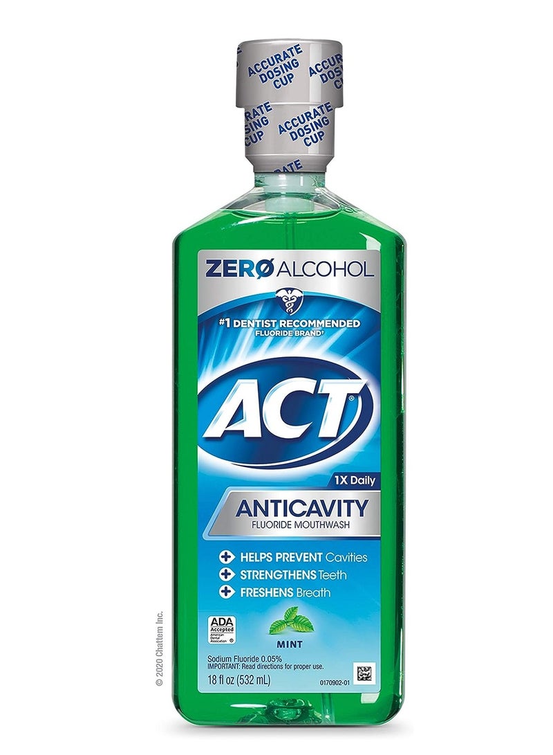 ACT Anticavity Zero Alcohol Fluoride Mouthwash 18 fl. oz., With Accurate Dosing Cup, Mint