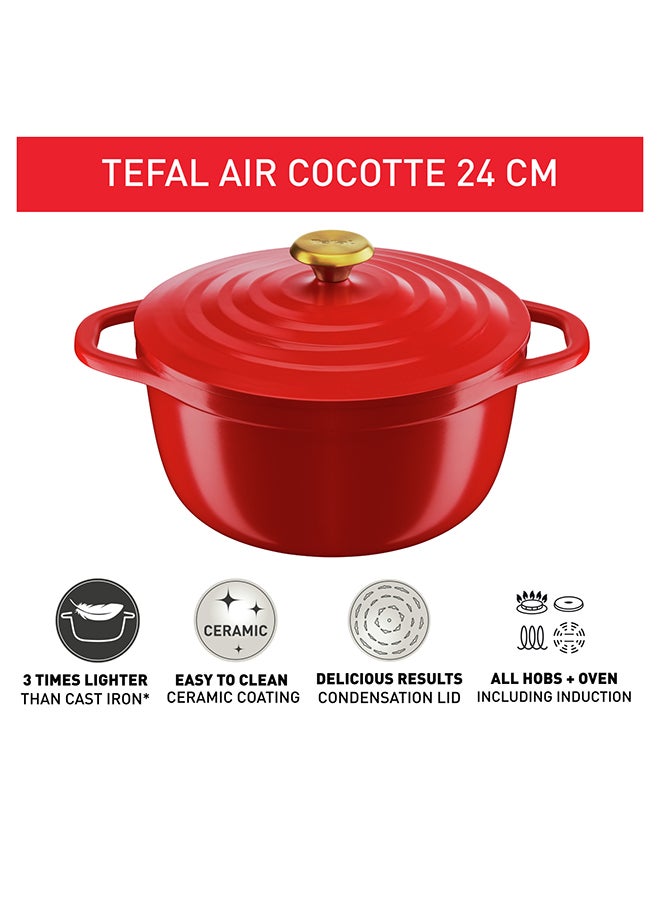 Tefal Air Cooking Pot 24 Cm Lightweight Cast Aluminum Dutch Oven With Condensation Lid Easy To Clean Safe Ceramic Coating Stew Pot Robust Oven-Safe Induction Cookware Red