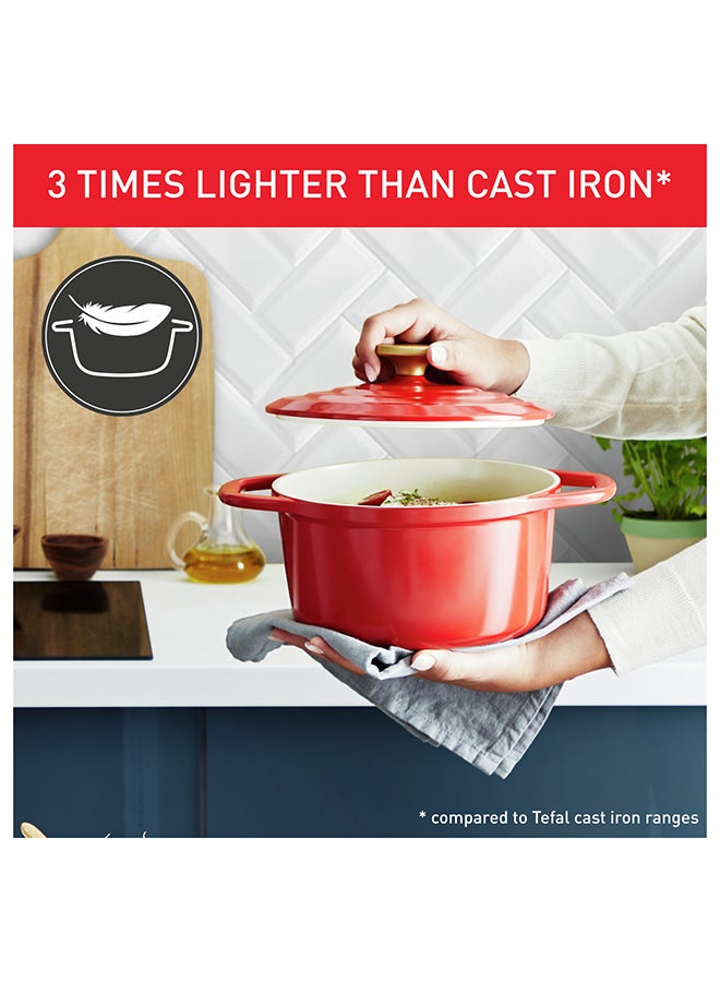 Tefal Air Cooking Pot 24 Cm Lightweight Cast Aluminum Dutch Oven With Condensation Lid Easy To Clean Safe Ceramic Coating Stew Pot Robust Oven-Safe Induction Cookware Red