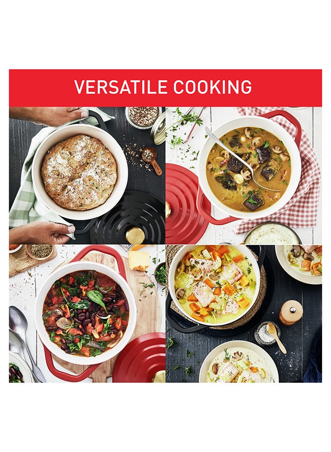Tefal Air Cooking Pot 24 Cm Lightweight Cast Aluminum Dutch Oven With Condensation Lid Easy To Clean Safe Ceramic Coating Stew Pot Robust Oven-Safe Induction Cookware Red