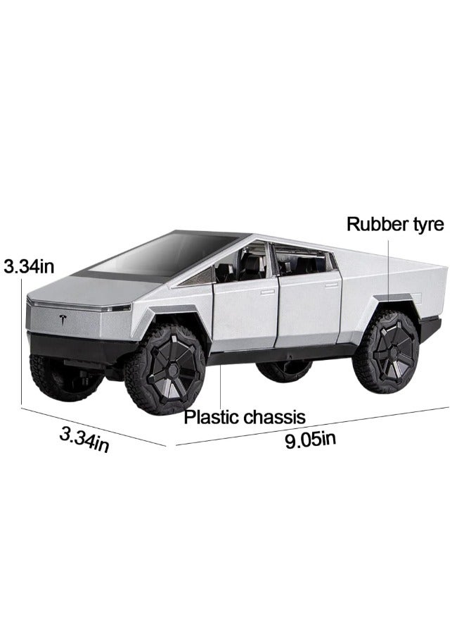 1:24 Scale Cybertruck Model Toy Pull Back Pick-Up Truck with Sound and Light, Alloy Diecast Truck Toys for Kids Gift or Tesla Vehicles Model Collection Enthusiasts (Silver)