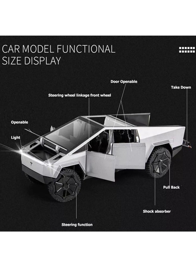1:24 Scale Cybertruck Model Toy Pull Back Pick-Up Truck with Sound and Light, Alloy Diecast Truck Toys for Kids Gift or Tesla Vehicles Model Collection Enthusiasts (Silver)