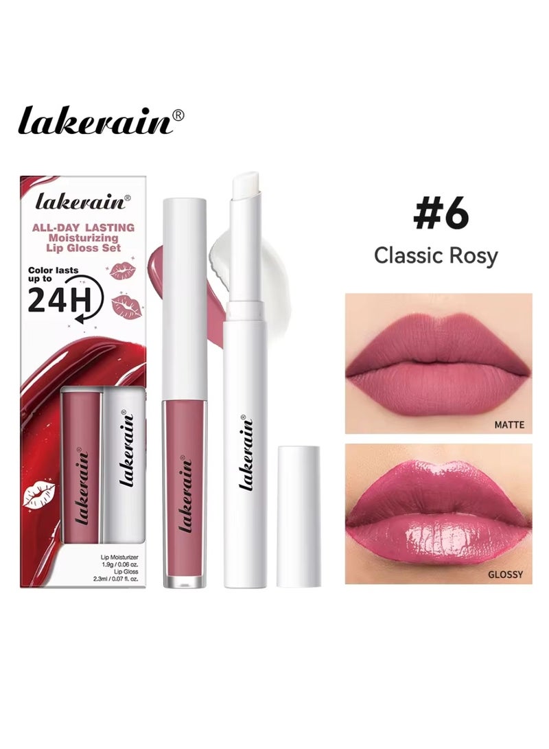 Moisturizing Lip Gloss Set 24H Matte Glossy Finish Smooth and Shiny High Color Rendering Waterproof Long Lasting Hydrating Lip Color Lip Gloss Set Lip Color & Lip Gloss Set Classic Rosy 06