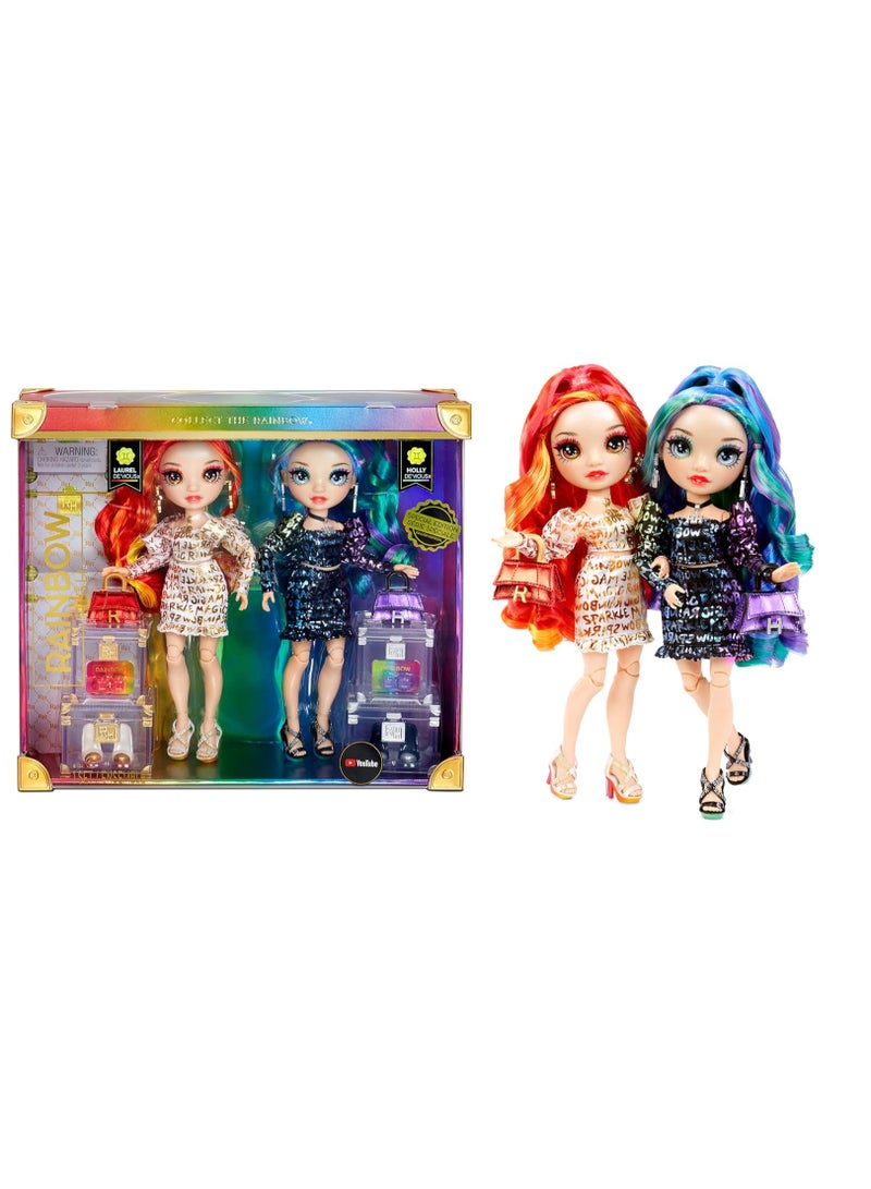 Special Edition Twin (2-Pack) Fashion Dolls, Laurel & Holly De'Vious –Dressed in Multicolored Rainbow Metallic Printed Outfits with Doll Accessories | Great Gift/Toy For Kids 6-12Years