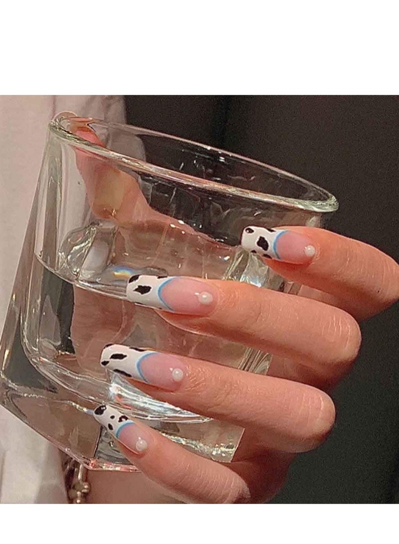 Cow Print Nails Long Fake Nails with Pearl Glossy Press on Nails Coffin White False Nails Full Cover Artificia Nails for Women and Girls 24PCS/Set