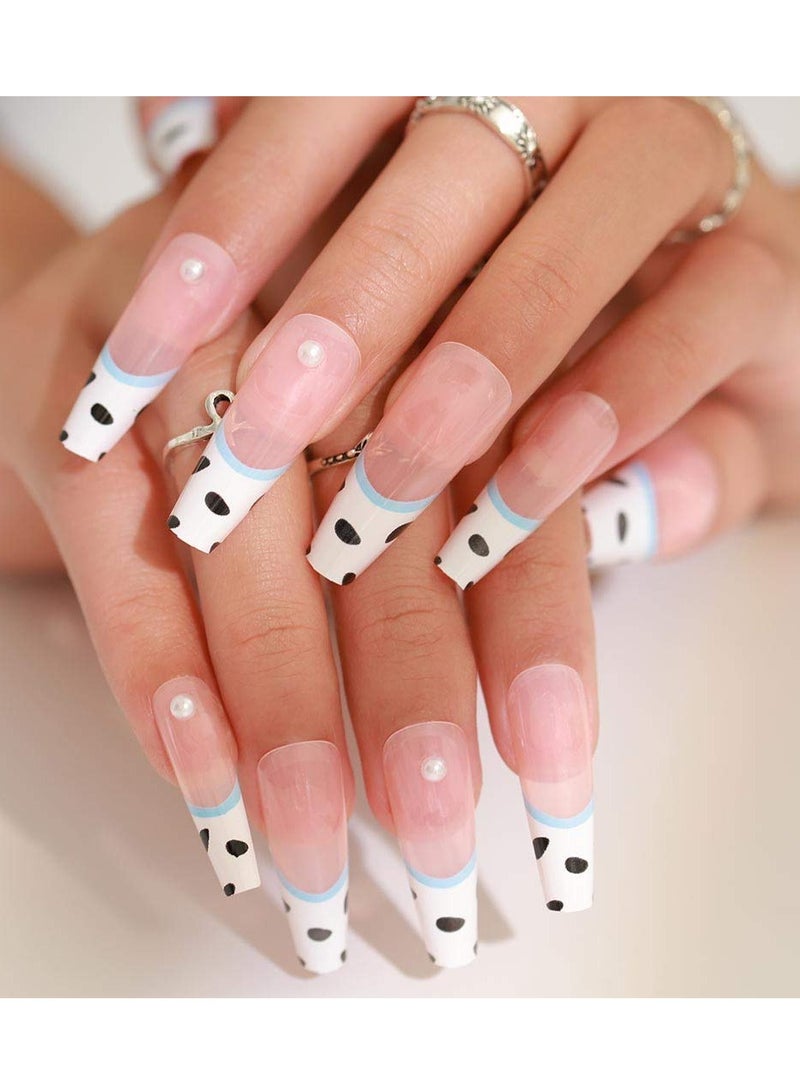 Cow Print Nails Long Fake Nails with Pearl Glossy Press on Nails Coffin White False Nails Full Cover Artificia Nails for Women and Girls 24PCS/Set