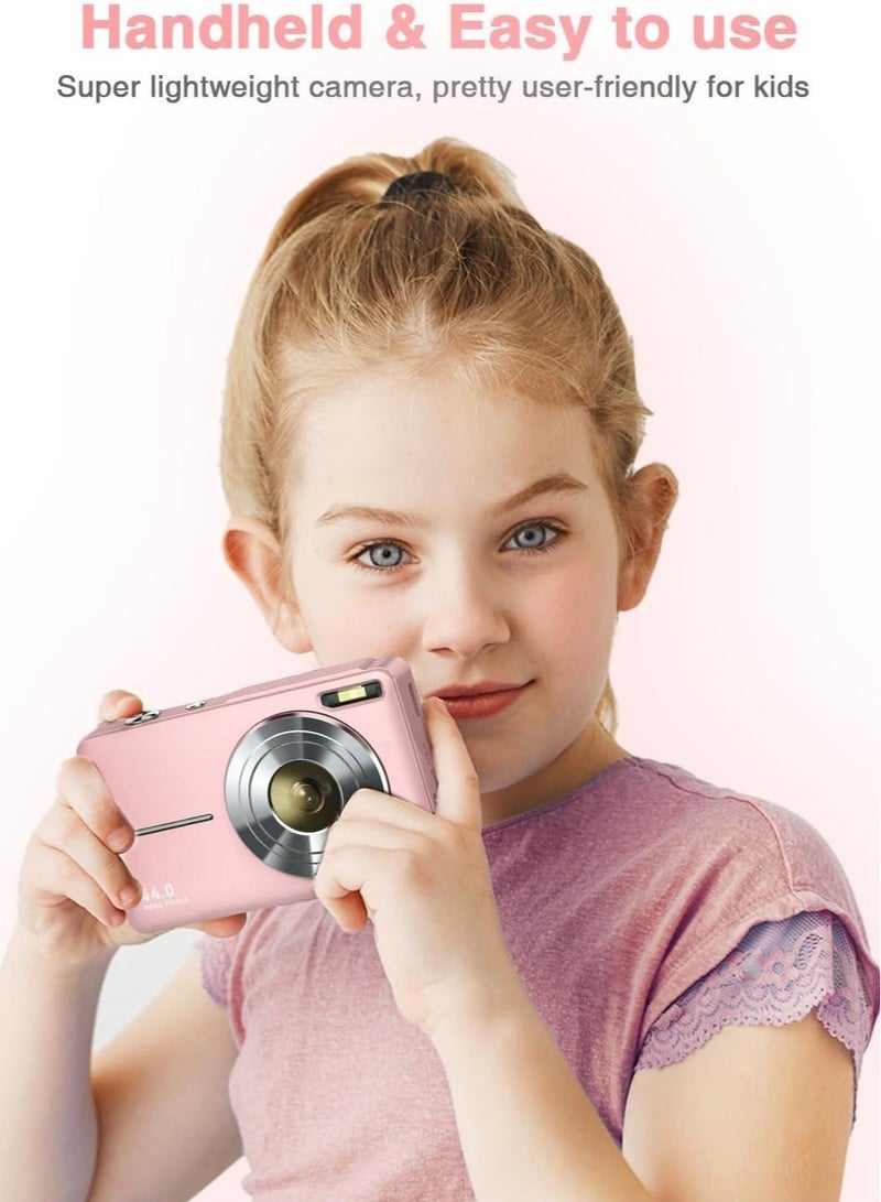 Digital Camera, FHD 1080P Kids Camera, 44MP Point and Shoot Digital Cameras with 32GB Memory Card and Two Batteries, 16X Zoom , Lanyard, Compact Size Camera, Gift for Boys/Girls (Pink)