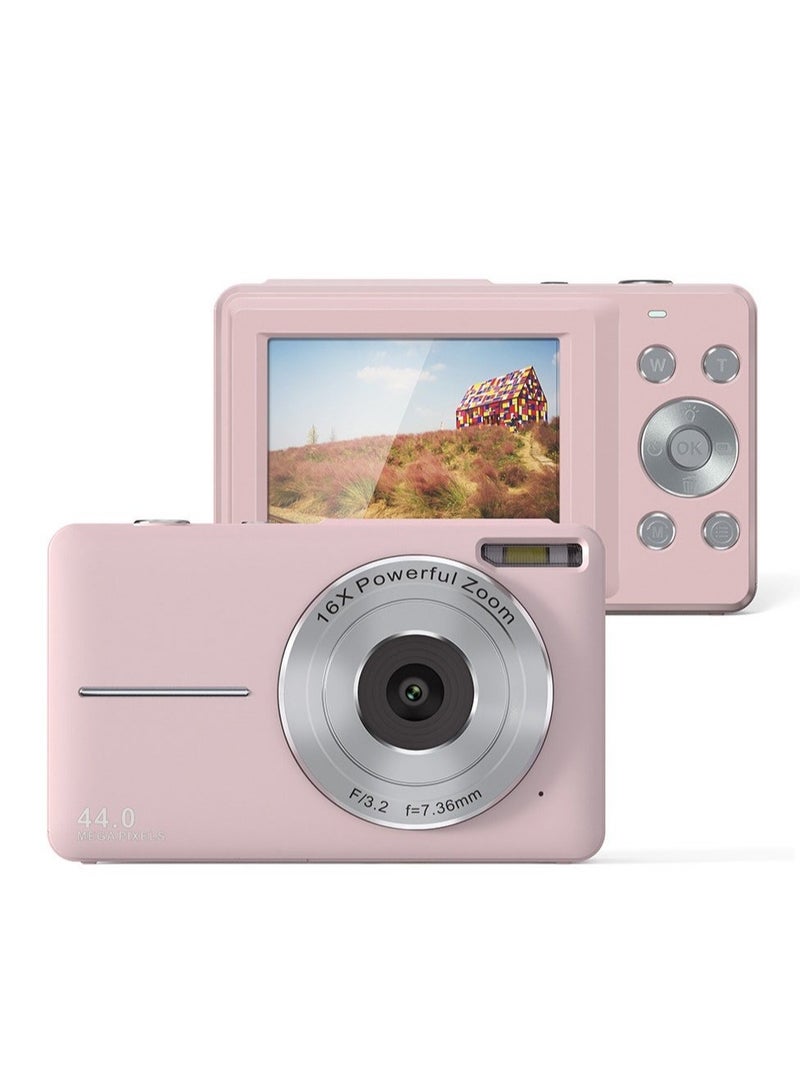 Digital Camera, FHD 1080P Kids Camera, 44MP Point and Shoot Digital Cameras with 32GB Memory Card and Two Batteries, 16X Zoom , Lanyard, Compact Size Camera, Gift for Boys/Girls (Pink)