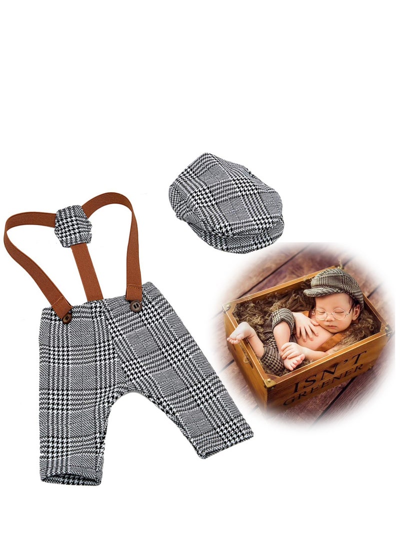 Newborn Photography Props: Retro Plaid Suspenders, Flat Cap, and Duck Tongue Hat Suit for Boys - Stylish Dark Gray Outfit for Cool Baby Boys.