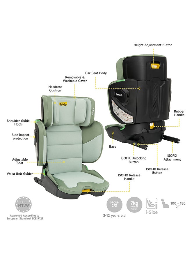 Cabin Size Portable Rober i-Size Car Seat With ISOFIX, 100 - 150 CM (Approx. 3 to 12 Years), Adjustbale Height And Width, ECE R129, Green