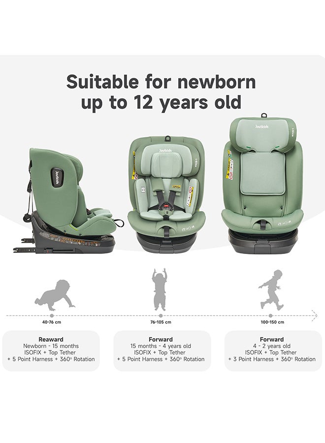 Rotating Ranger TT ISOFIX Car Seat 360° For Baby, 40 - 150 CM, 0 - 12 Years, ECE R129/E4 I-Size, Fixations ISOFIX, Top Tether - Green