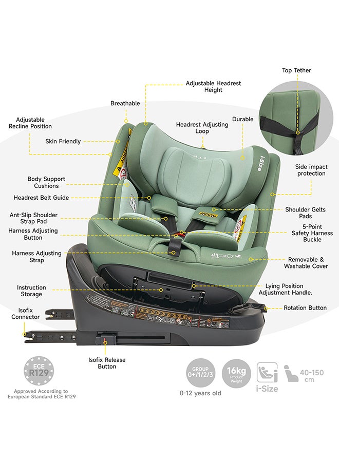 Rotating Ranger TT ISOFIX Car Seat 360° For Baby, 40 - 150 CM, 0 - 12 Years, ECE R129/E4 I-Size, Fixations ISOFIX, Top Tether - Green