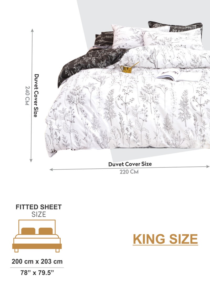 Duvet Cover Set 6-Pcs King Size Printed Bed Set Fits (200x200 CM) With Fitted Sheet PillowSham And Pillow Cases (Without Filler),Snow White