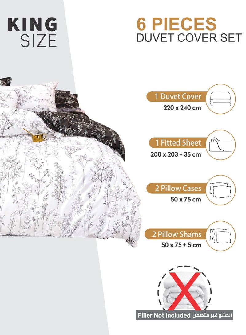 Duvet Cover Set 6-Pcs King Size Printed Bed Set Fits (200x200 CM) With Fitted Sheet PillowSham And Pillow Cases (Without Filler),Snow White