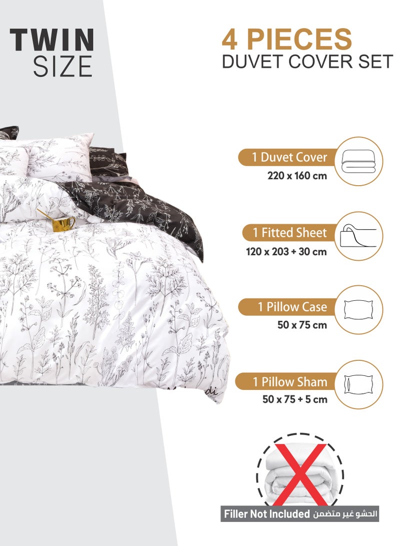 Duvet Cover Set 4-Pcs Twin Size Printed Bed Set Fits (100x200 CM) With Fitted Sheet Pillow Sham And Pillow Cases (Without Filler),Snow White