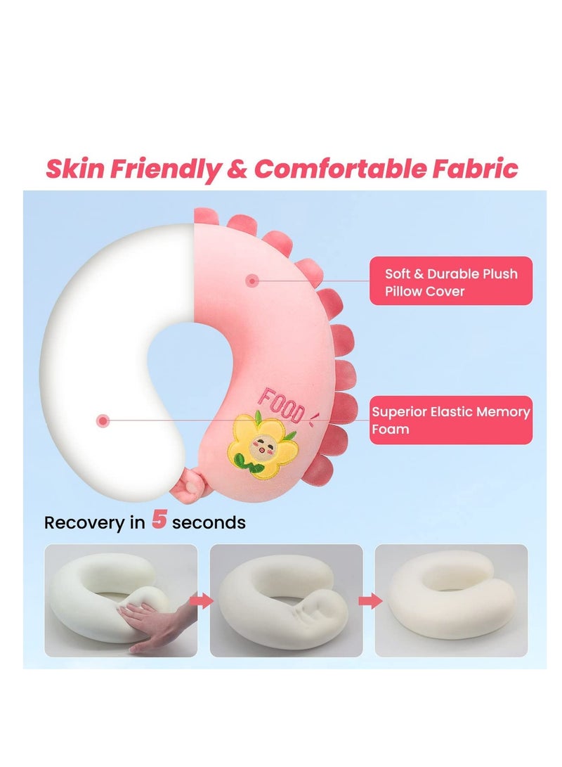 U-Shaped Memory Foam Travel Pillow, Neck Support Pillow, Comfortable Cartoon Neck Cushion for Traveling, Headrest Airplane Pillow for Adults, Kids (Pink)