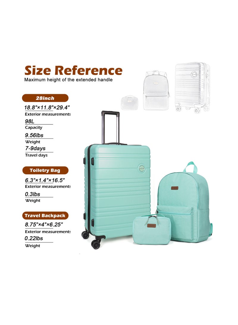 Stylish 3-Piece Mint Green Travel Luggage Set with Spinner Wheels, Travel Backpack, and Toiletry Bag – 28-Inch Suitcase, Lightweight & Durable