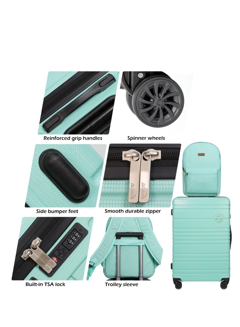 Stylish 3-Piece Mint Green Travel Luggage Set with Spinner Wheels, Travel Backpack, and Toiletry Bag – 28-Inch Suitcase, Lightweight & Durable